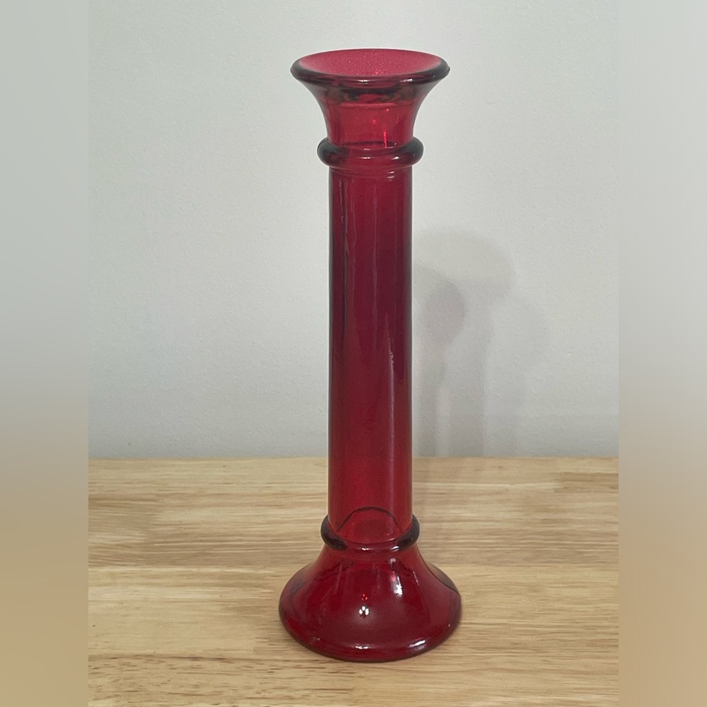 Vintage Ruby Red Indiana Glass Candle Holder Pillar 9” H Christmas Holiday Decor